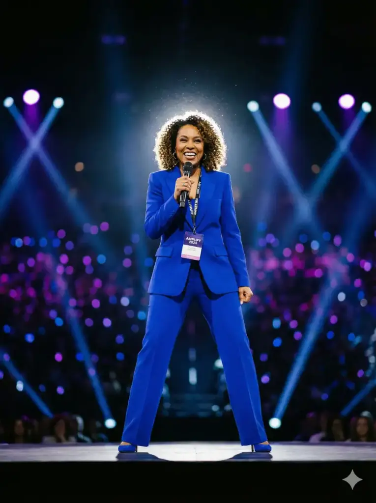 Create an electrifying photo of a motivational speaker on a conference stage. The subject is a woman wearing a vibrant royal blue pantsuit that pops against the dark background. Her posture is commanding; she stands with feet shoulder-width apart, holding a microphone, looking out towards the "audience" with a winning smile. The background is dark, but illuminated by stage spotlights and blurred bokeh lights in purple and blue hues behind her. The lighting creates a halo effect on her hair. Aspect ratio 3:4.