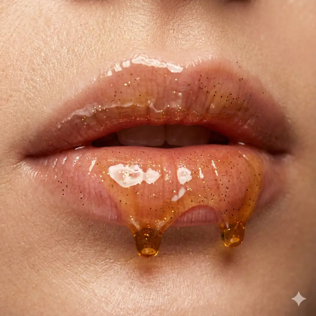Create a detailed macro image of luscious lips covered in glittering gold honey, capturing the viscous texture of the drip and the skin texture underneath, fashion photography style, studio ring light, use aspect ratio 1:1.