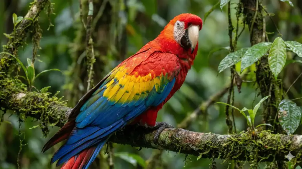 Create an ultra-detailed wildlife photograph of a scarlet macaw perched on a rainforest branch, vivid red, blue, and yellow feathers with natural texture, soft rain droplets on feathers, blurred green jungle background, diffused natural light, realistic color balance, professional bird photography quality. Use aspect ratio 16:9.