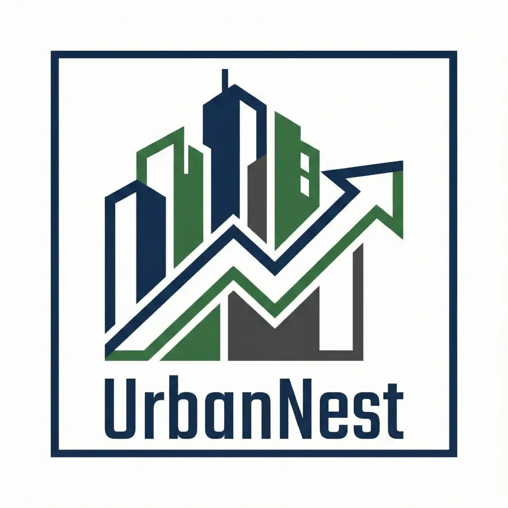 Create a professional real estate agency logo in aspect ratio 1:1. Combine abstract building silhouettes with two overlapping rectangles that suggest growth. Use clean lines and flat design. Include the text UrbanNest in a neat condensed sans serif style.