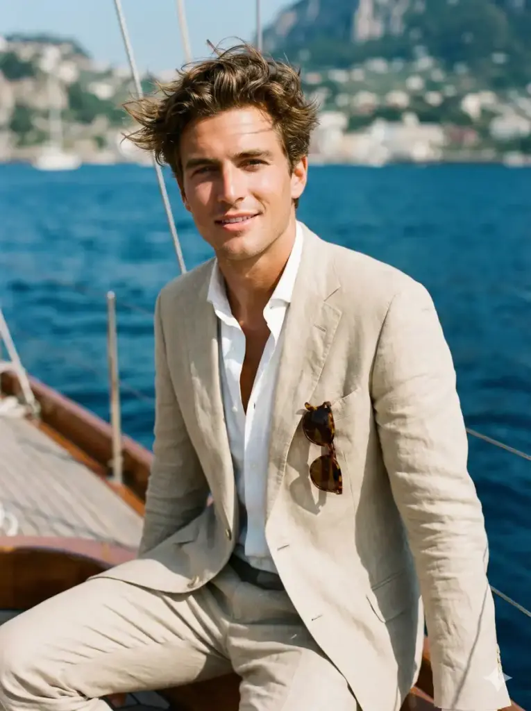 Create a preppy, cinematic portrait of a handsome young man on a sailboat or luxury yacht. He is wearing a beige linen suit with a crisp white shirt, unbuttoned at the top, and tortoise-shell sunglasses tucked into his pocket. The wind is blowing through his hair. The background features deep blue ocean water and a blurred coastline. The lighting is bright natural daylight, highlighting his tan skin. The vibe is luxurious, relaxed, and wealthy, reminiscent of a "Talented Mr. Ripley" film still. Use aspect ratio 3:4.