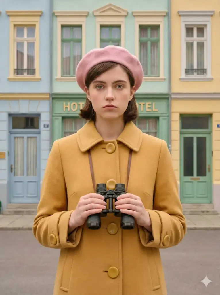 Create a stylized, symmetrical portrait of a young woman standing directly in the center of the frame. She is wearing a pastel pink beret and a matching mustard-yellow coat with oversized buttons. She holds a vintage pair of binoculars. The background is a quaint, pastel-colored European hotel facade. The lighting is flat and soft, with no harsh shadows, emphasizing the color palette and quirky geometry of the scene. The expression is deadpan and quirky. Technicolor color grading. Use aspect ratio 3:4.