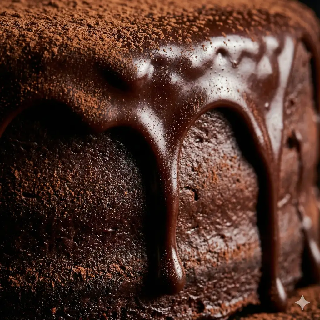 Create a decadent macro shot of dark chocolate ganache dripping down the side of a cake, and the fine dusting of bitter cocoa powder, rich brown tones, cinematic lighting, food photography style, use aspect ratio 1:1.