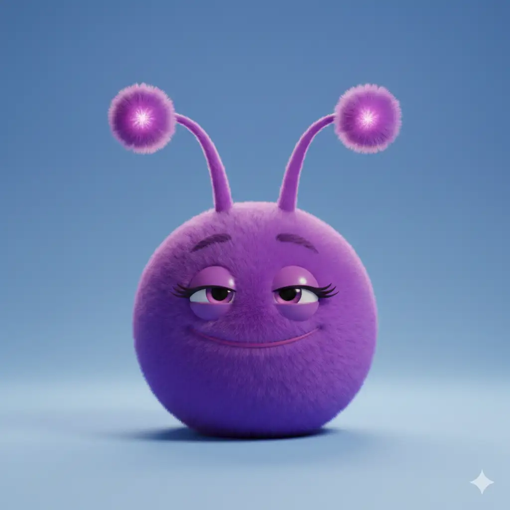 Create an ultra cute purple monster with fuzzy antennae and a soft, rounded circular body. Place the character on a smooth powder blue background. The monster has expressive eyes and a dreamy relaxed expression, with glossy highlights that add charm. The style is 3D cartoon with gentle subsurface glow, soft shadows, and high quality lighting inspired by Blender animations. The surface texture is smooth and plush-like, with vibrant solid colors. The overall design is simple, adorable, and full of personality. Use aspect ratio 1:1.