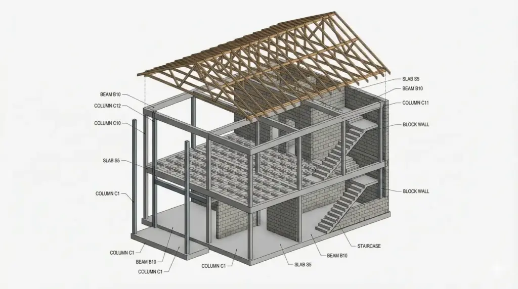 Create a BIM-style 3D model of a residential building showing structural columns, beams, slabs, walls, staircases, and roof elements. Neutral lighting, clean white background, accurate proportions, and technical clarity suitable for architectural documentation. Use aspect ratio 16:9.