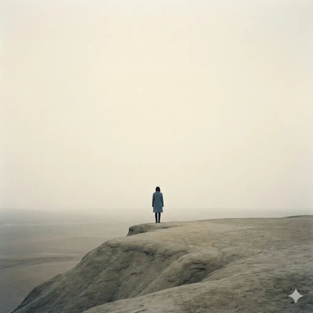 Create a minimalist photo of a person seen from behind, standing at the edge of an empty landscape. The color palette is limited to two or three muted tones. The figure is small in the frame, surrounded by open space, conveying solitude and scale. Lighting is soft and diffused, with smooth textures and no harsh contrasts. Use 1:1 aspect ratio.
