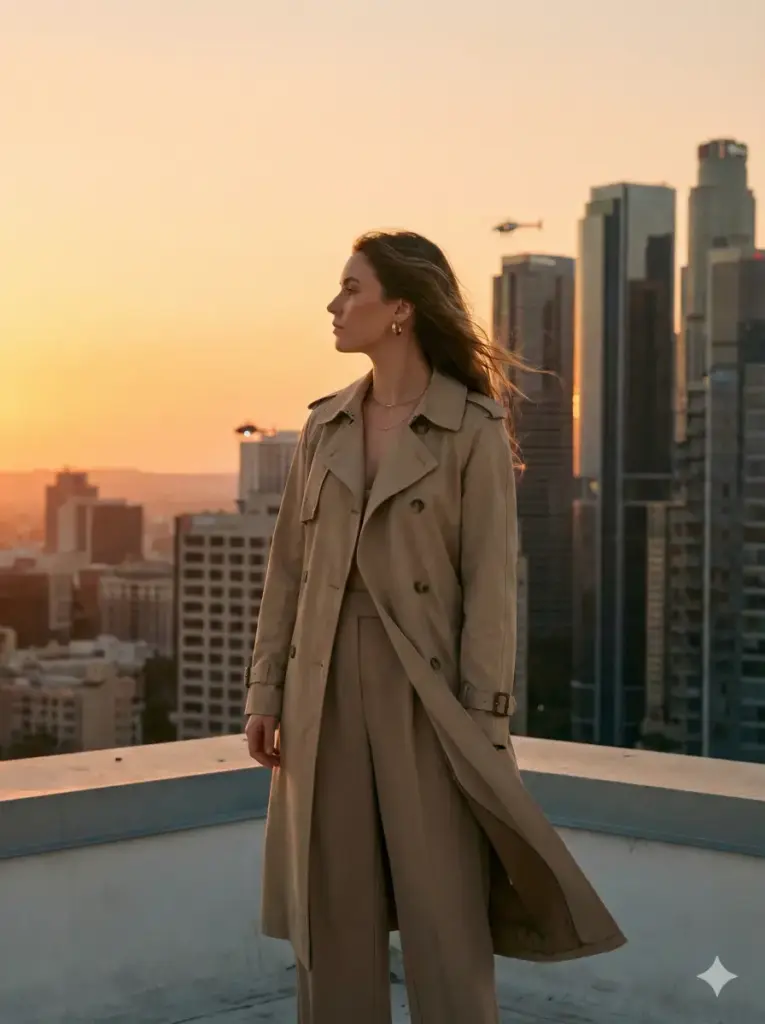 Create a cinematic photo of a woman standing on a rooftop while wearing a beige trench coat, wide-leg trousers, and minimal gold accessories. Position her facing the horizon with her hair blowing lightly in the wind. Use warm sunset lighting that creates a soft orange glow across the skyline. Keep the color tone warm with subtle contrast. Show tall city buildings behind her with helicopter lights faintly visible. Use aspect ratio 3:4.