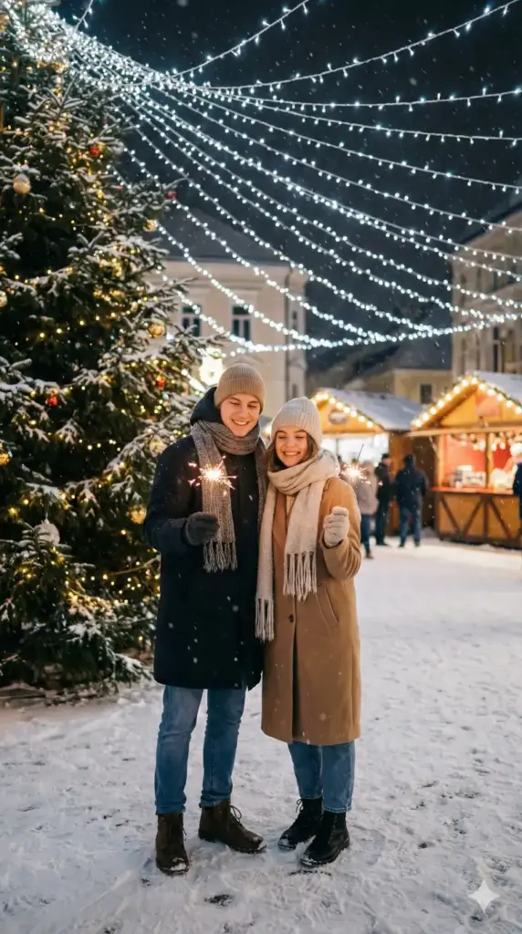 Create a cinematic outdoor portrait of a young couple at night holding sparklers near a town Christmas tree, twinkling lights overhead, snow on the ground, festive stalls behind them, gentle snowfall, happy faces illuminated by sparkler glow, authentic winter outfits, crisp clarity, 9:16 aspect ratio.