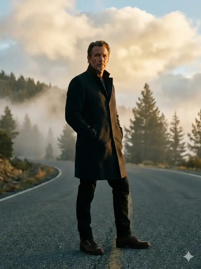 Create a cinematic outdoor portrait of a man standing confidently on a quiet mountain road during early morning. He is wearing a dark wool overcoat, fitted trousers, and leather boots, with his hands resting in his pockets and his body slightly angled toward the camera. Soft mist surrounds the pine trees in the background, with golden sunlight breaking through the clouds and casting dramatic highlights and shadows on his face. Use aspect ratio 3:4.