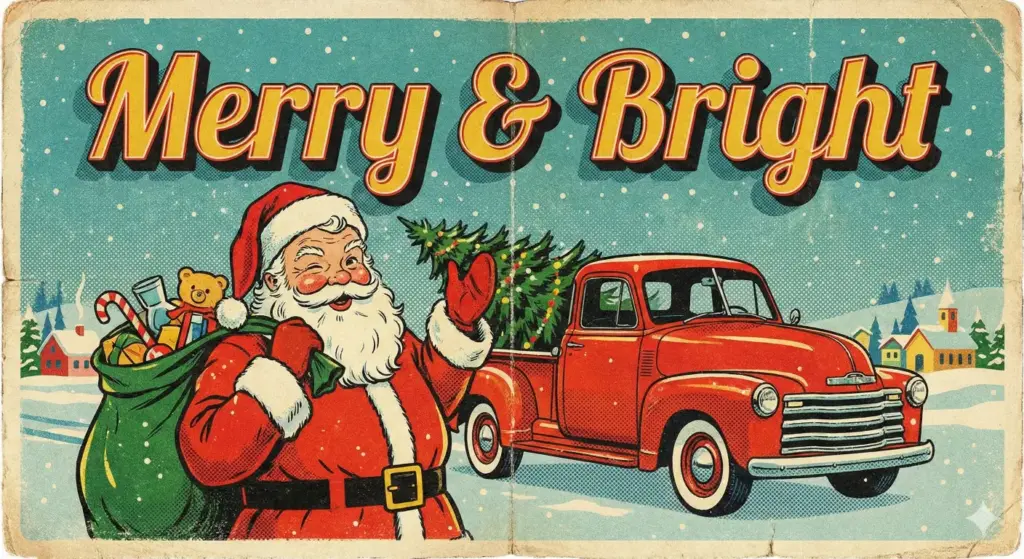 Create a vintage 1950s-style Christmas card illustration featuring a cheerful Santa Claus winking while holding a sack of toys, standing next to a retro red truck loaded with a Christmas tree. The colors should be vibrant but slightly muted to look like an old postcard, with a grainy texture and half-tone dot effect. At the top of the card, write the text "Merry & Bright" in a bold, retro display font with a drop shadow.