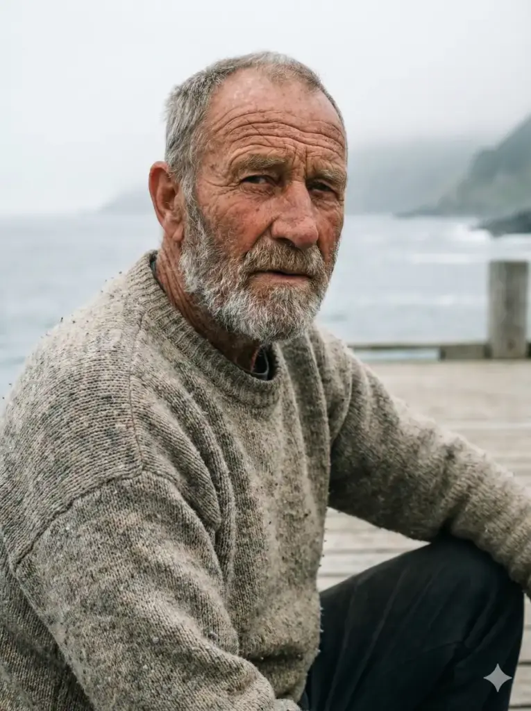 Create a documentary-style photograph of an elderly fisherman sitting on a wooden dock on an overcast day. The lighting is soft, diffused, and flat, eliminating harsh shadows but highlighting the deep wrinkles and weathered texture of his sun-damaged skin. He has a coarse, salt-and-pepper beard. He is wearing a thick, pilled wool sweater. The background includes a misty, out-of-focus ocean. Shot on a Leica M10 Monochrom (but in color), 35mm lens, f/5.6 for a slightly wider depth of field. The image should feel like a National Geographic feature. Use aspect ratio 3:4.