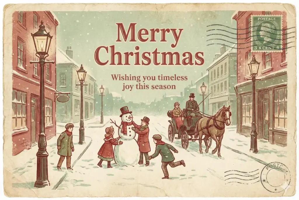 Create a vintage Christmas postcard with muted reds, faded greens, and a textured paper background. Add an old fashioned illustration of a snowy street with classic lamp posts and children playing. Add retro serif text at the top that reads Merry Christmas. Add a smaller nostalgic message that reads Wishing you timeless joy this season. Use aspect ratio 3:2.