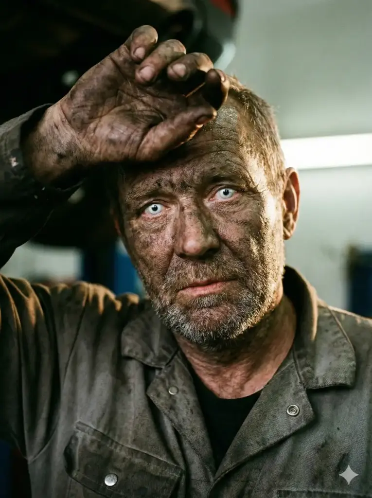 Create a gritty, soulful portrait of a mechanic. The focus is on the face, which is smeared with grease and soot, but the eyes remain startlingly clean and white, piercing through the grime. The lighting should look like a harsh work light, creating high contrast. Include a hand near the face, wiping sweat, to show calluses and dirt, emphasizing the dignity of hard labor. Use aspect ratio 3:4.