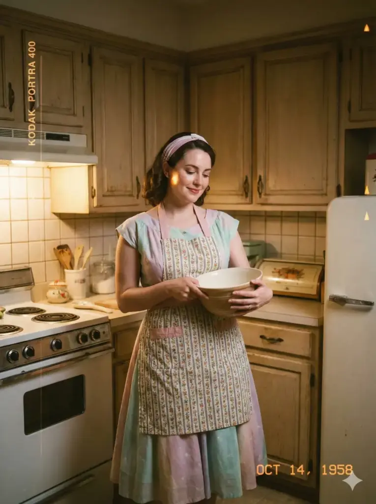 Create a vintage styled photo of a woman wearing a patterned apron, a pastel dress and a headband. She should stand near a counter while holding a mixing bowl with an easy smile. Use soft indoor lighting that gives a gentle glow to her face. Add a warm toned film palette. Include vintage kitchen cabinets, tiled walls and classic appliances in the background. Use aspect ratio 3:4.