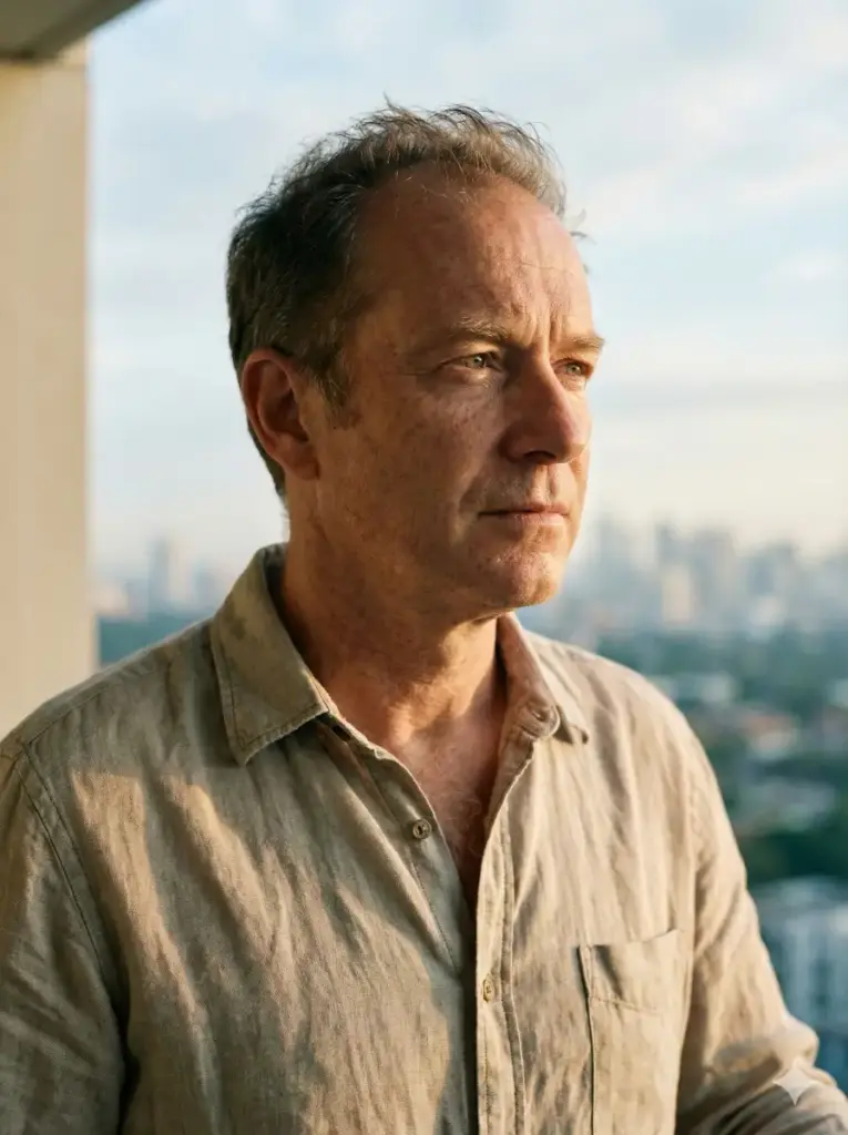 Create a hyper realistic photo of a middle-aged man standing near a balcony during early morning, shoulders relaxed, gaze directed toward the horizon. He is wearing a slightly creased linen shirt with visible stitching and buttons, and his hair shows natural thinning and uneven texture. Morning sunlight creates warm highlights on his face while soft ambient light fills the shadows. Fine details like skin pores, faint freckles, and light wrinkles are visible. The background shows distant buildings and sky with realistic atmospheric haze and shallow depth of field. Use aspect ratio 3:4.