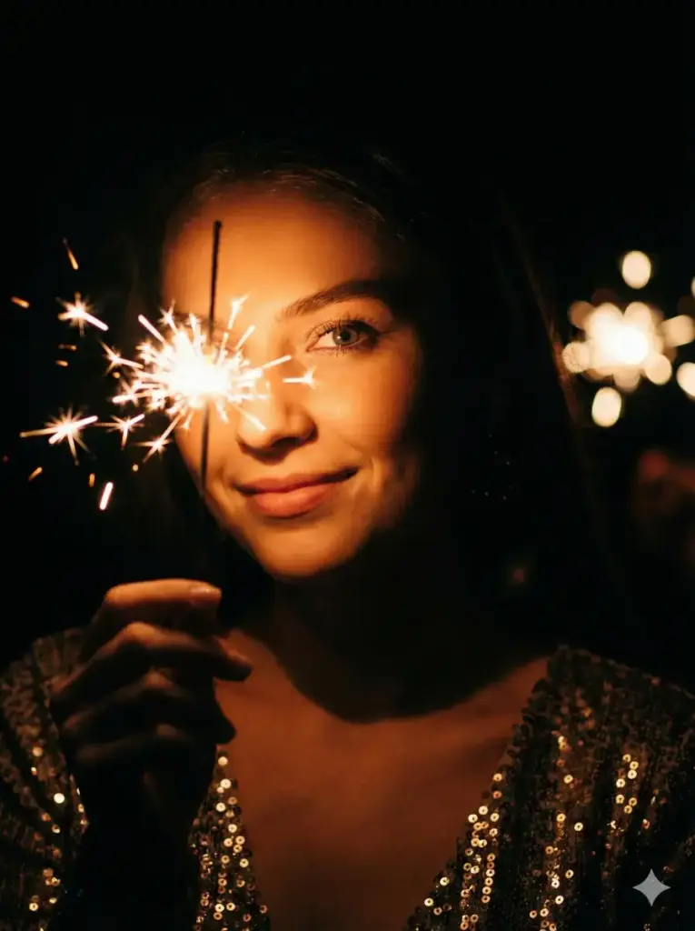 Create a stunning portrait of a young woman holding a burning sparkler close to her face during a night celebration. She is wearing a sequined party dress. The background is pitch black, making the sparks from the firework the sole source of light. The warm, intense light illuminates her face, revealing a sparkling eye and a soft, happy smile, while deep shadows fall rapidly across her ears and hair. The contrast is extreme but warm and festive. Cinematic, bokeh effect, magical atmosphere. Use aspect ratio 3:4.