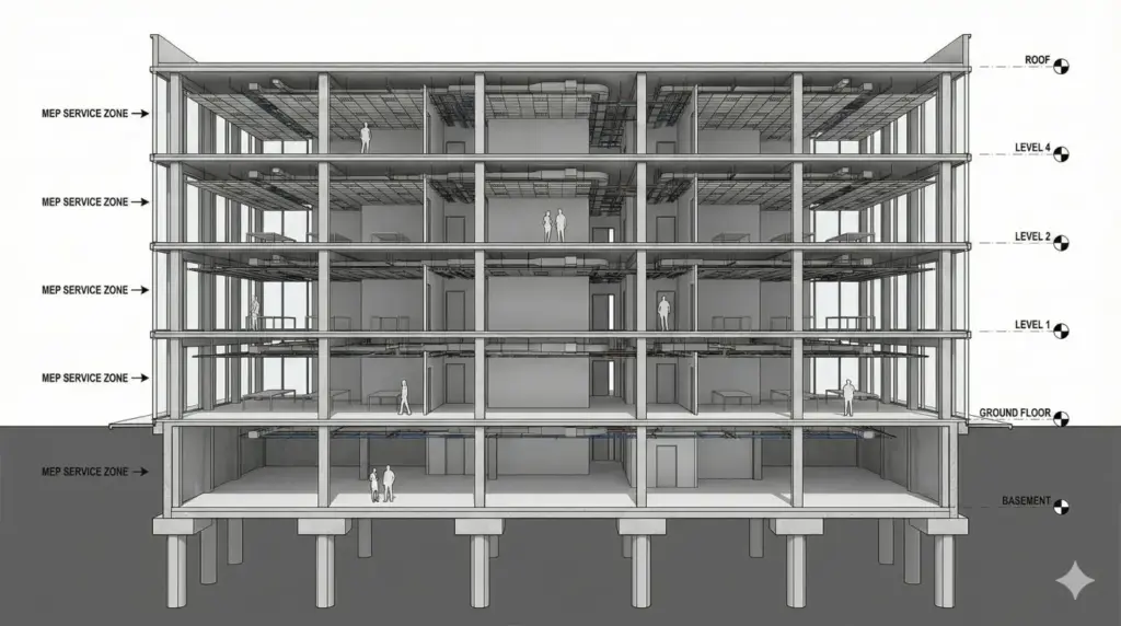 Create a BIM-style sectional cut of a multi-story office building revealing foundations, floor slabs, columns, ceiling heights, and service zones. Clean background, clear structural hierarchy, and professional construction visualization. Use aspect ratio 16:9.