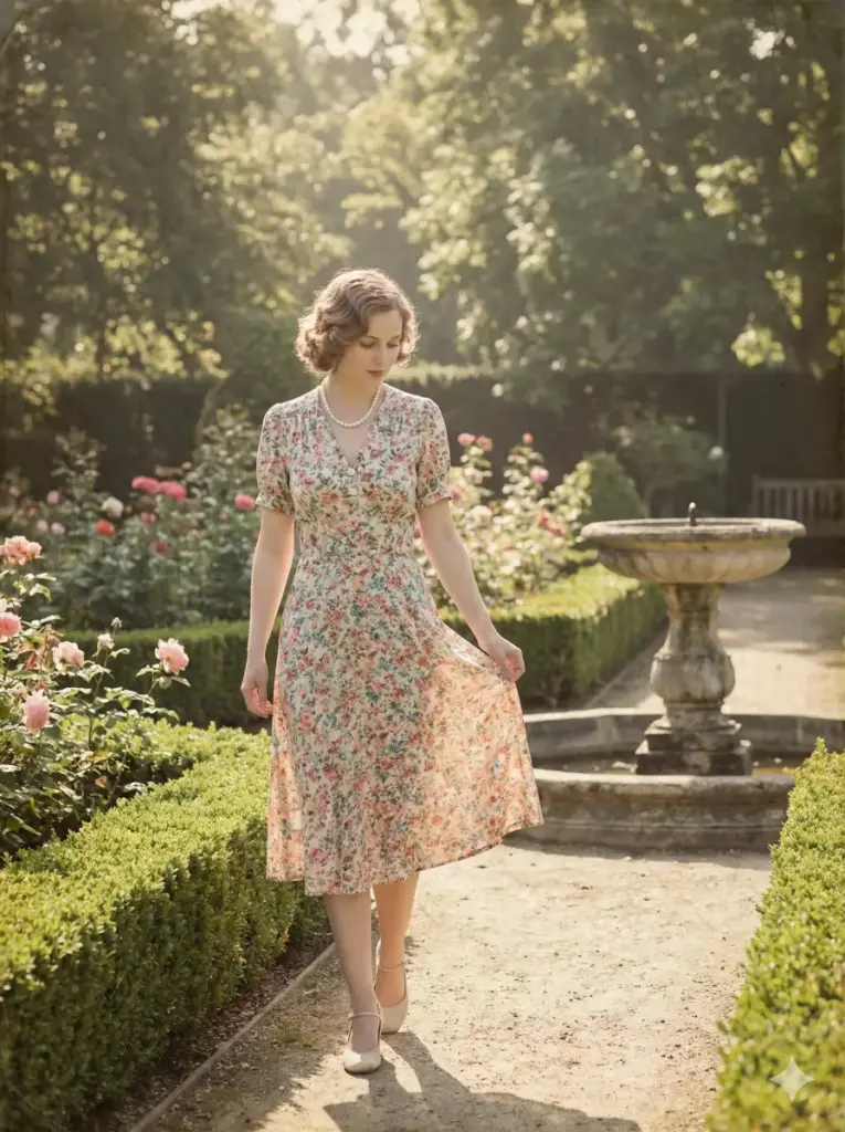 Create a stylish vintage photo of a woman wearing a floral tea dress, a pearl necklace and soft waves in her hair. She should walk slowly along a garden path while gently holding her dress with one hand. Use natural morning light with soft shadows. Apply a slightly pastel toned vintage palette. Set the background with trimmed hedges, roses and an old fountain. Use aspect ratio 3:4.