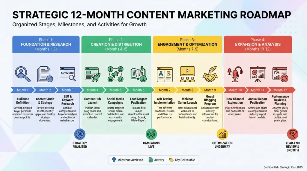 Create a roadmap infographic showing a 12-month content marketing plan, divided into phases with milestones, icons, timelines, and brief descriptions. The design should look strategic and organized with a modern editorial style. Use aspect ratio 16:9.