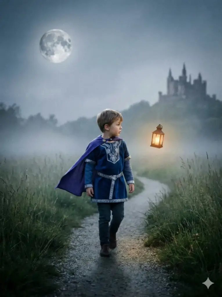 Create a dreamy photo of a young boy walking on a path lit by silver moonlight. He wears a simple royal inspired outfit with a small cape fluttering slightly. His posture shows curiosity as he looks at a tiny floating lantern beside him. The background has tall grass, soft fog, and a faint castle silhouette far behind. Add aspect ratio 3:4.