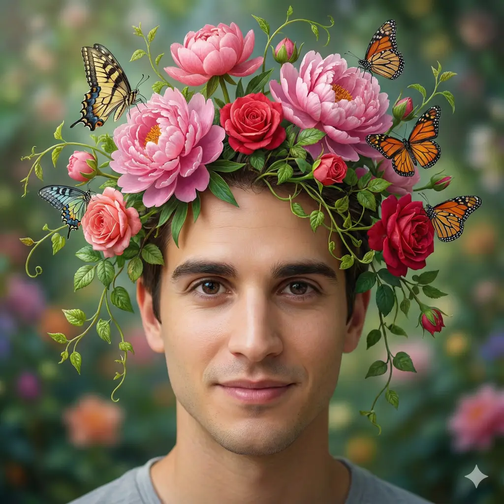 Create an artistic surreal portrait where their hair is transforming into a vibrant bouquet of blooming peonies, roses, and vines. Butterflies are resting on the flowers. The person has a serene expression. The background is a soft, blurred garden green. Fantasy art style, highly detailed textures. Aspect ratio 1:1.