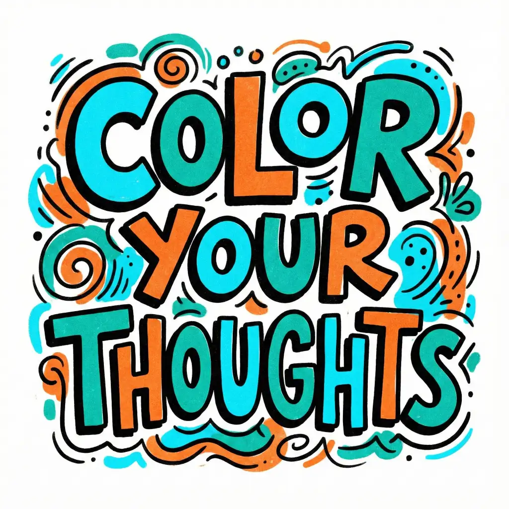 Create bold hand-drawn lettering displaying the text "COLOR YOUR THOUGHTS" with chunky expressive letterforms, playful curves, and uneven edges. Use vibrant cyan, orange, and teal with thick black outlines and subtle print texture. Add abstract shapes and energetic doodles wrapping around the lettering. Use aspect ratio 1:1.