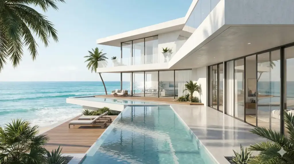 Create a realistic 3D render of a luxury beachfront villa with white concrete walls, floor-to-ceiling glass panels, and open terraces. The ocean is visible in the background with natural daylight reflecting on glass surfaces. Clean composition, high material realism, and balanced lighting. Use aspect ratio 16:9.