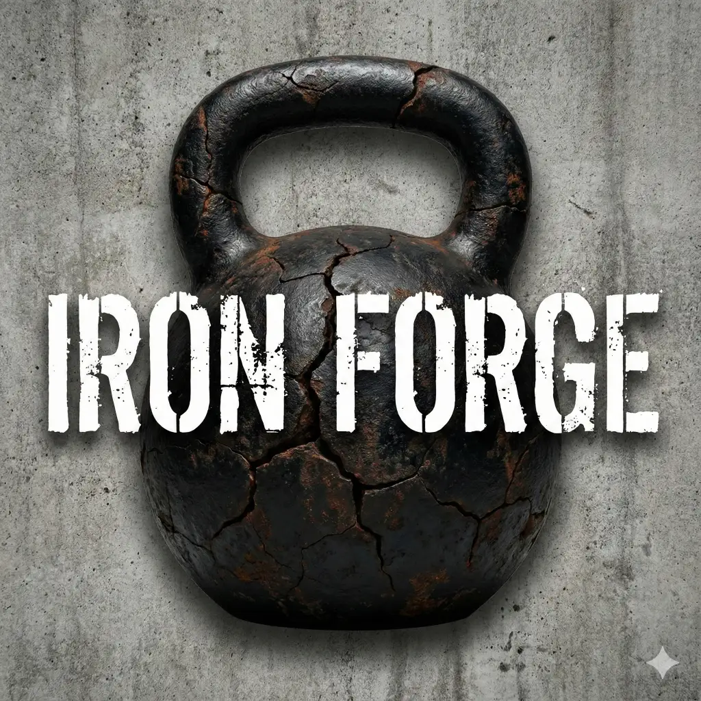 Create a hardcore fitness logo for a weightlifting gym. The icon is a kettlebell that looks cracked and heavy. The text "IRON FORGE" should be placed directly over the kettlebell. The font for the text must be a distressed "stamp" style, with eroded edges and a grunge texture, appearing as if it were stenciled in white paint onto the black iron of the kettlebell. Aspect ratio 1:1.