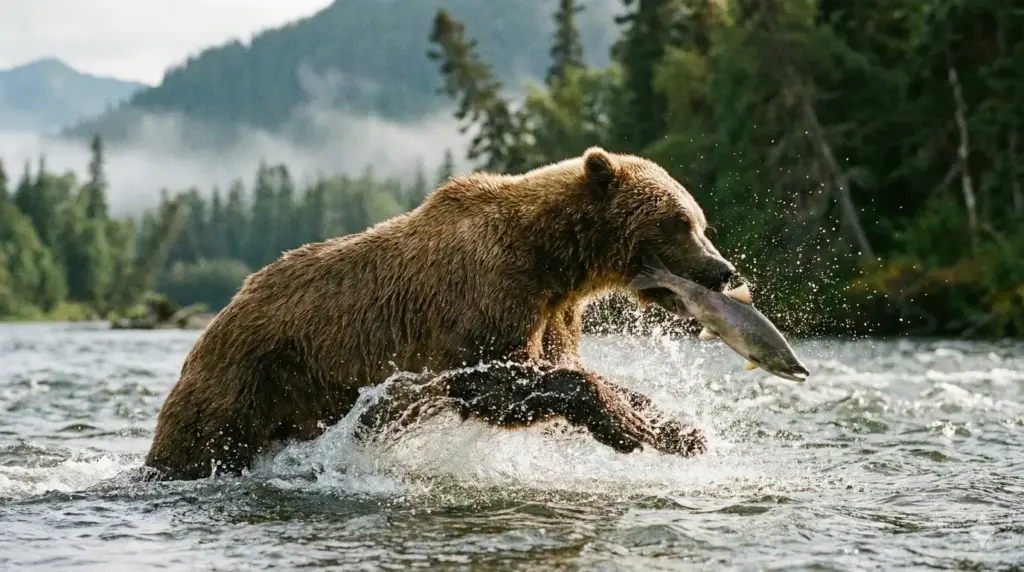 Create a cinematic wildlife photograph of a grizzly bear fishing in a fast-moving river, powerful body partially submerged, water splashing around as a salmon leaps, wet fur reflecting sunlight, forested riverbank background, dramatic action moment, high dynamic range wildlife photography. Use aspect ratio 16:9.