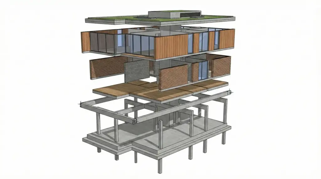 Create an exploded 3D architectural view of a residential building with foundation, columns, slabs, walls, roof, and facade layers separated vertically. Clean white background with realistic materials and precise alignment. Use aspect ratio 16:9.