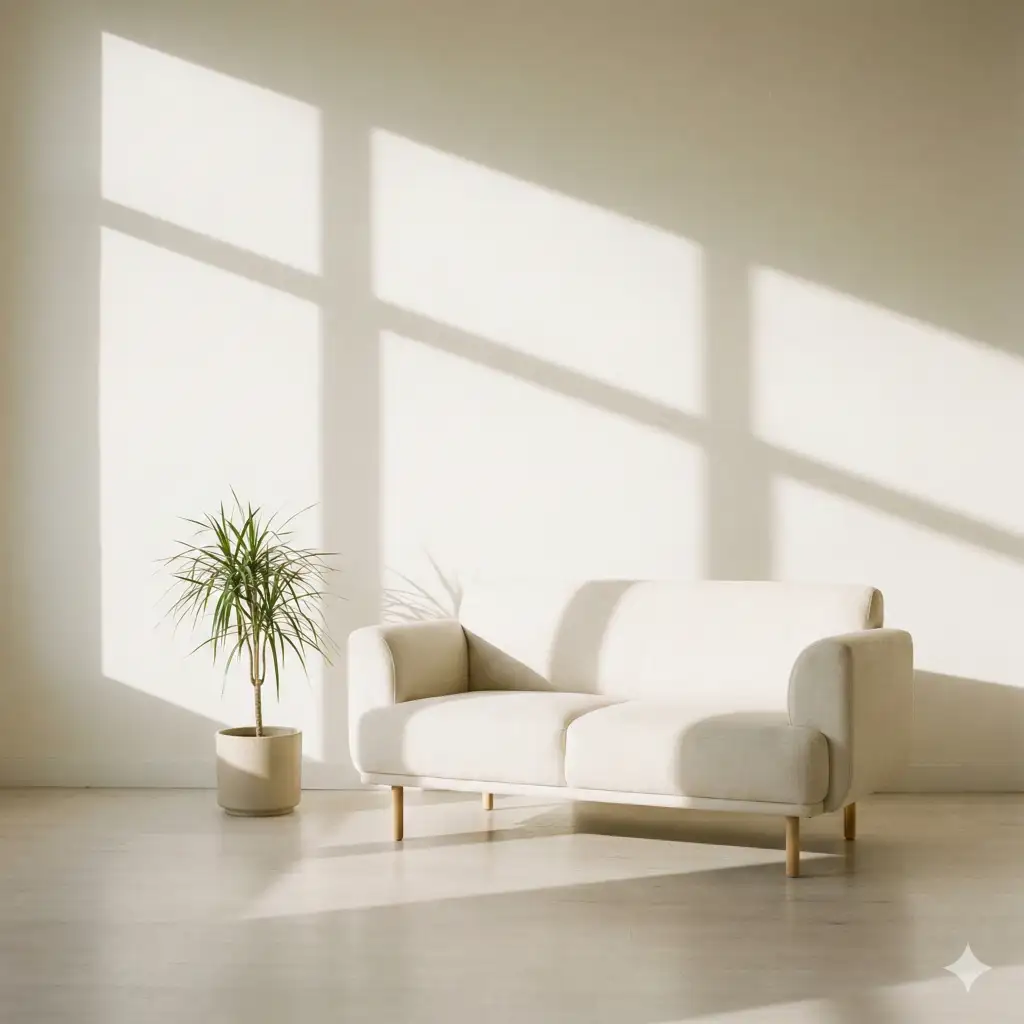 Create a minimalist interior scene bathed in soft natural daylight. A modern, light-cream upholstered sofa sits slightly off-center against a smooth, warm white wall. The sofa has clean lines, rounded armrests, and slender wooden legs, conveying a Scandinavian-inspired, contemporary design. To the left of the sofa stands a simple potted plant with slender green leaves in a neutral ceramic planter, adding a subtle organic accent. Sunlight streams in from an unseen window, casting large, geometric window-frame shadows diagonally across the wall and floor. The shadows are soft-edged and airy, creating a calm sense of rhythm and depth. Use aspect ratio 1:1.
