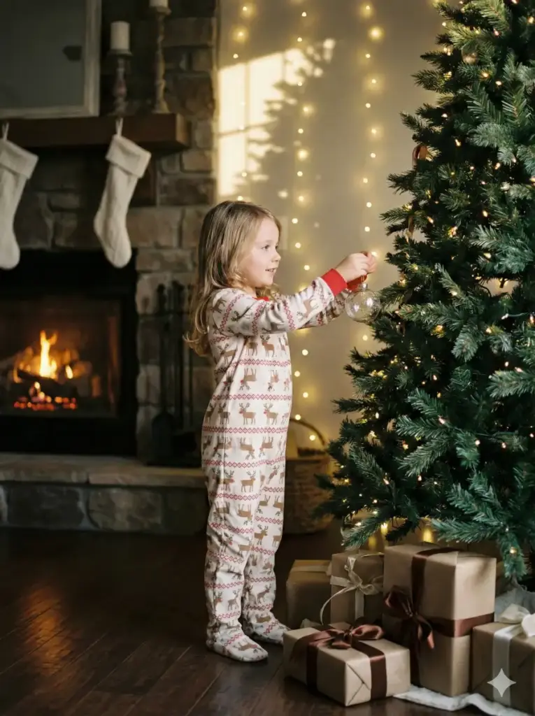 Create a dreamy Christmas living room portrait of a little girl placing ornaments on a tall tree, soft glow of fairy lights, cozy pajamas with reindeer pattern, fireplace with stockings, presents arranged neatly, magical sparkle in her eyes, soft shadows, nostalgic tone, 3:4 aspect ratio.