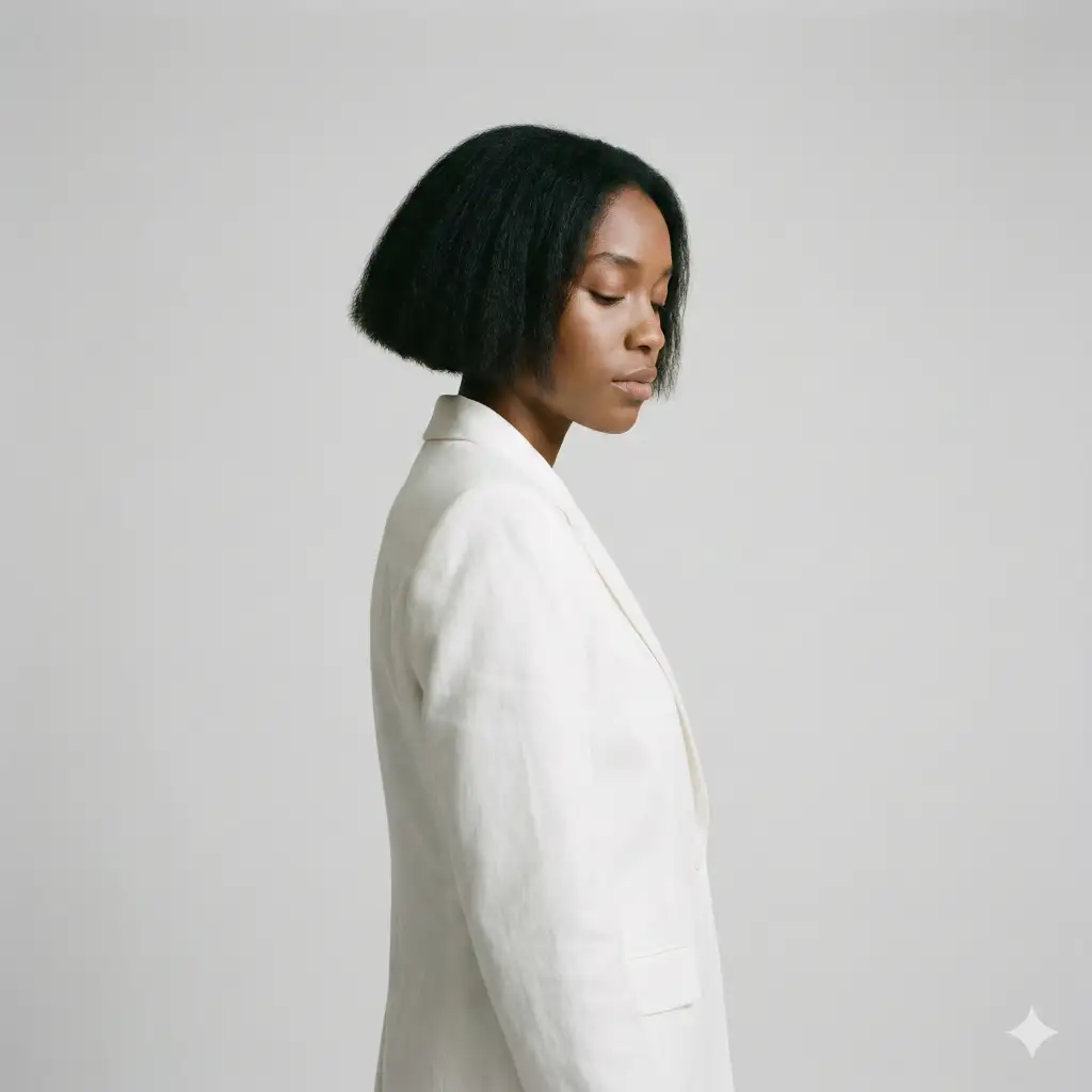 Create a minimalist studio portrait featuring a single person shown in gentle side profile against a seamless light gray or off-white background. The subject stands slightly turned inward, head softly inclined downward, eyes closed or lowered, conveying quiet introspection and calm. They wear a crisp, structured white blazer with clean tailoring and subtle fabric texture. The silhouette is elegant and understated, with smooth lines and no visible patterns. Short, dark hair is styled in a simple, natural bob, framing the face softly without sharp edges. Use aspect ratio 1:1.