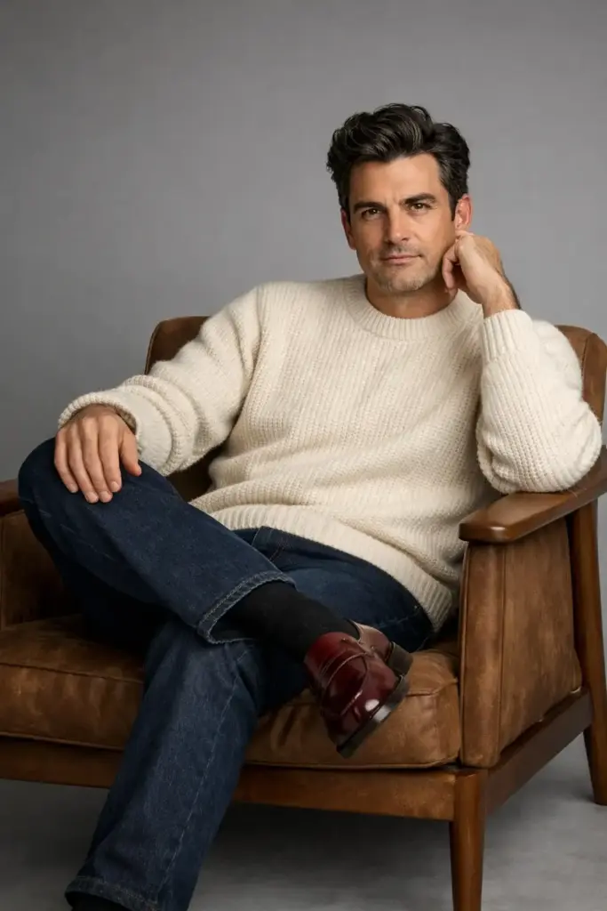 Create a studio portrait of a well-groomed adult man seated confidently in a mid-century style brown suede armchair. He sits in a relaxed, slightly reclined pose with one leg crossed over the other, projecting calm confidence and quiet sophistication. He has thick, wavy dark hair styled with natural volume, strong eyebrows, and deep-set expressive eyes. His expression is composed and introspective, looking directly at the camera. He wears a cream-colored, chunky knit sweater with a subtle ribbed texture, paired with dark blue straight-leg denim jeans and polished burgundy leather loafers. The outfit feels timeless, minimal, and elegant, modern casual with classic influences.
