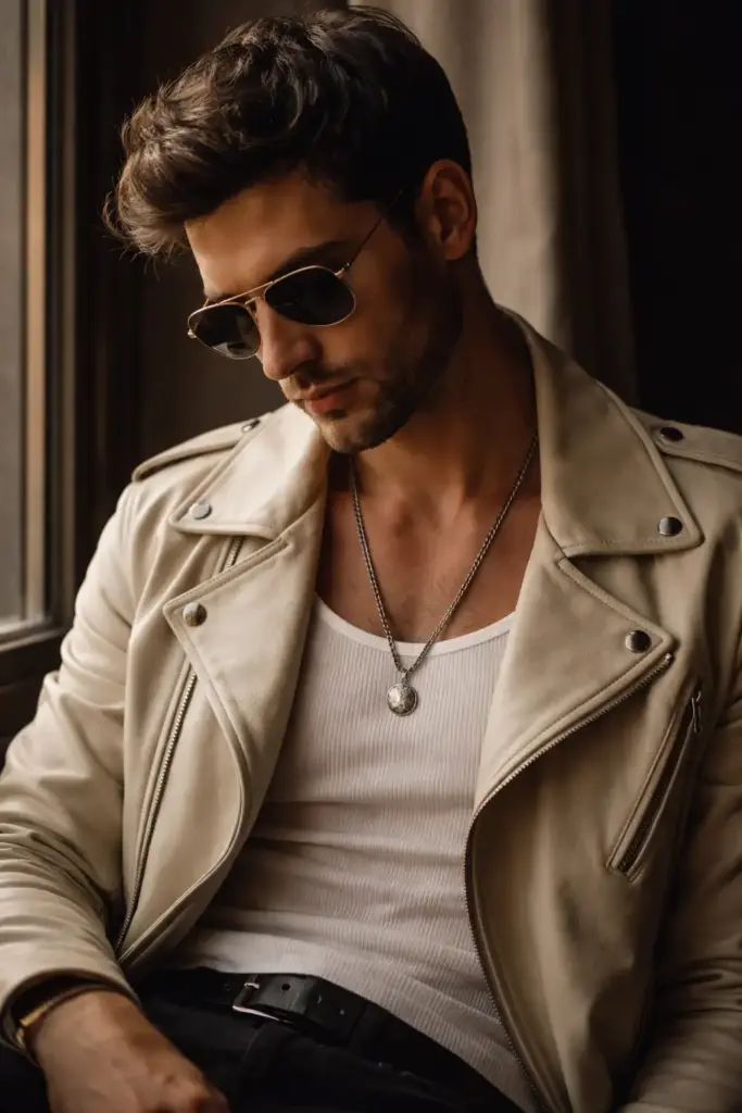 Create a moody indoor fashion portrait of a stylish adult man seated near a window, captured in an intimate, contemplative moment. He is framed from the chest up, slightly angled downward, with his head gently bowed and eyes cast down, creating a quiet, introspective atmosphere. His expression is calm, serious, and thoughtful. He wears classic aviator-style sunglasses with thin gold frames, partially reflecting the ambient light. His outfit is refined yet edgy: a cream or off-white leather biker jacket with metallic snap details, worn open over a fitted white ribbed tank top. A silver chain necklace with a round pendant rests against his chest, adding subtle character and depth.