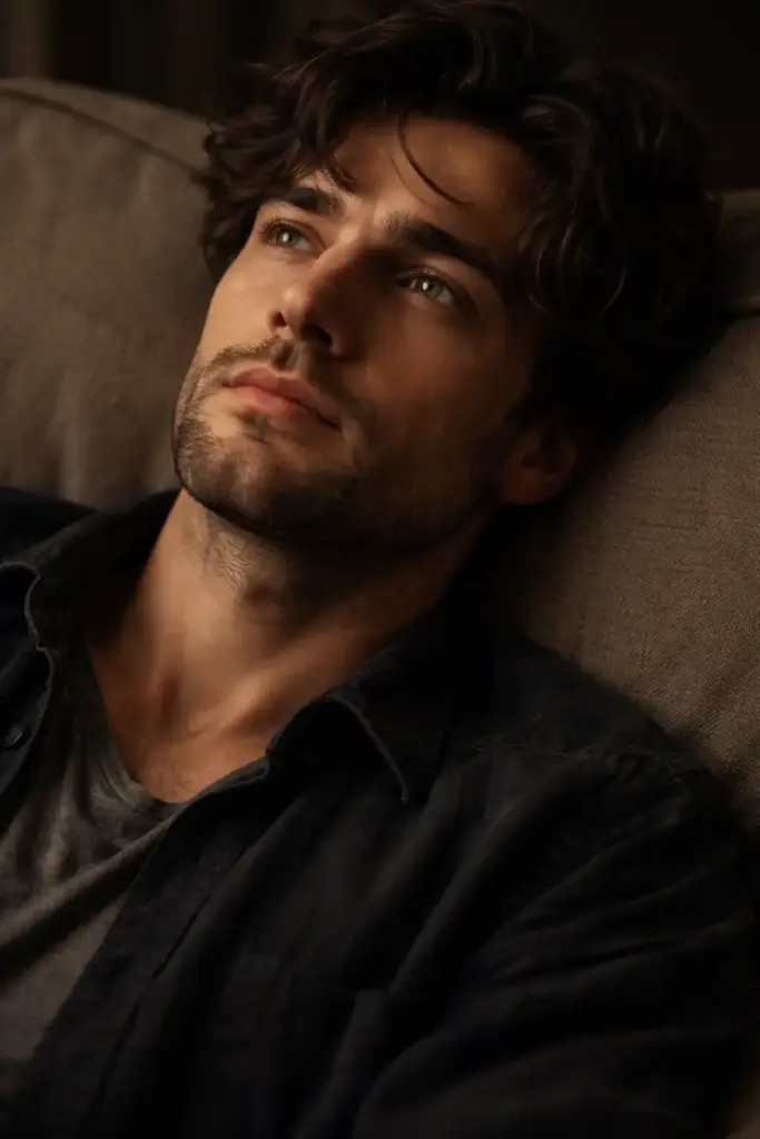Create an intimate, moody close-up portrait of an adult man reclining against a soft fabric couch or chair, captured in a quiet moment of introspection. The framing is tight on the face and upper torso, emphasizing emotion and vulnerability. His head is slightly tilted back, eyes gazing upward and away from the camera, as if lost in thought or memory. He has naturally wavy, slightly tousled dark hair falling loosely across his forehead, thick expressive eyebrows, and deep, reflective eyes. His expression is calm yet emotionally layered, soft, distant, and contemplative.