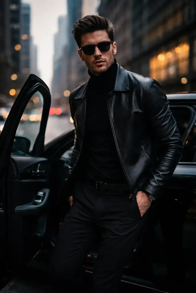 Create a cinematic urban fashion portrait of a confident adult man stepping out of a sleek black car on a modern city street at dusk. He stands beside the open car door, mid-motion, projecting confidence, composure, and understated power. His posture is relaxed yet commanding, with one hand near his pocket and his body angled slightly toward the camera. He has neatly styled dark hair with clean volume and structure. His face is partially shielded by dark, rectangular sunglasses, adding mystery and sophistication. He wears a fitted black turtleneck layered under a tailored black leather jacket with a subtle sheen, complemented by slim black trousers, minimal, monochrome, and refined.