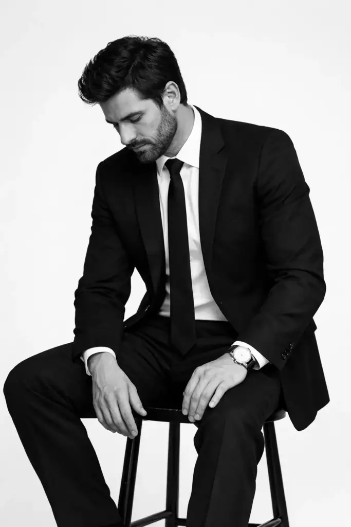 Create a minimalist black-and-white studio portrait of an adult man seated on a simple stool against a seamless white background. He is dressed in a sharply tailored classic black suit with a crisp white dress shirt and a slim dark tie. His posture is relaxed yet introspective, leaning slightly forward, legs apart, one hand resting loosely on his thigh while the other hangs naturally, revealing a refined wristwatch. His head is tilted downward, eyes cast toward the floor, conveying quiet contemplation, humility, and emotional depth. He has thick, well-styled dark hair with natural volume and texture, paired with a neatly groomed beard that frames his face cleanly. His facial expression is calm, thoughtful, and understated.