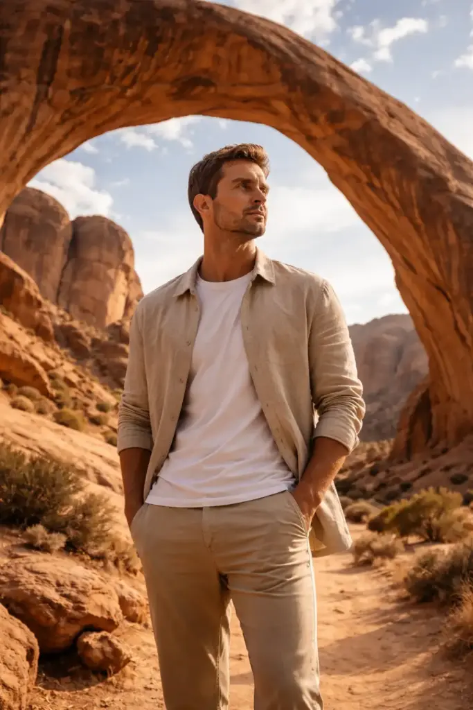 Create a striking outdoor portrait of an adult man standing beneath a massive natural sandstone rock arch in a desert landscape. The composition frames him from a slightly low angle, emphasizing scale and grandeur, with the curved stone arch forming a dramatic halo above his head. He is positioned confidently in the foreground, shown in side profile, gazing into the distance with a calm, resolute expression. His outfit is minimalist and earth-toned: a light beige linen or cotton jacket worn open over a plain white t-shirt, paired with matching beige trousers. The clothing feels breathable, refined, and travel-ready, blending seamlessly with the desert environment.
