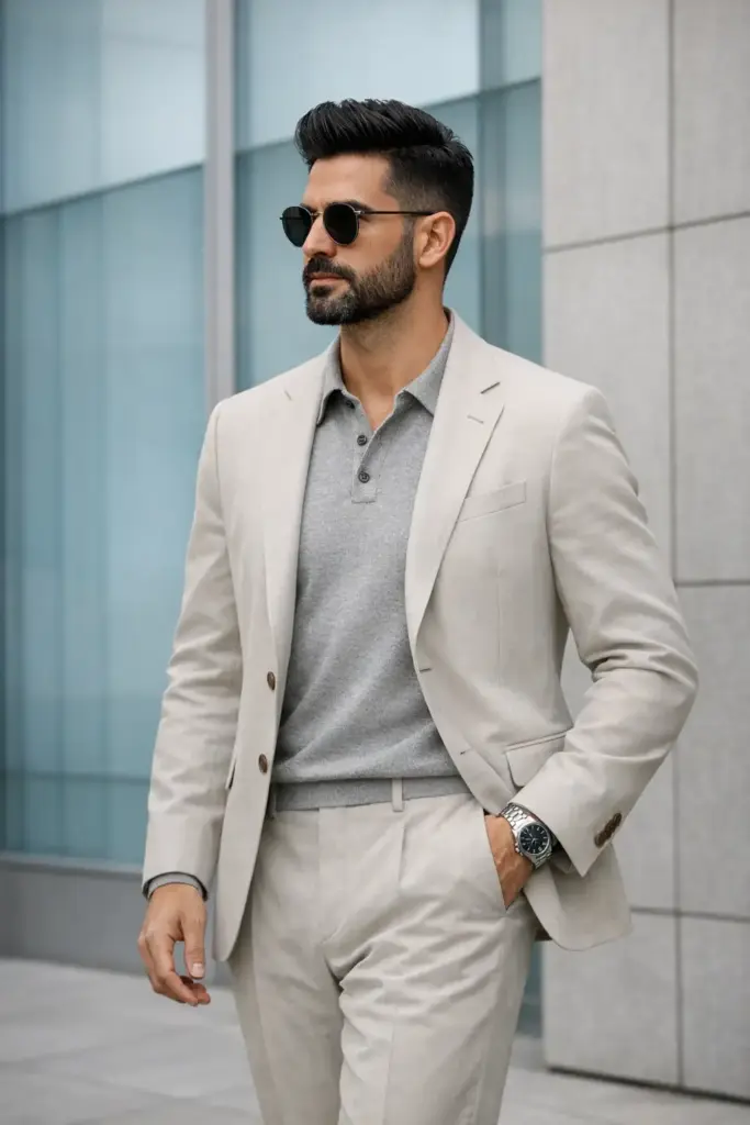 Create a refined contemporary street-style portrait of a well-dressed adult man standing outdoors in front of a modern glass-and-concrete building. The setting feels architectural and minimal, with soft, geometric window panels forming a clean, neutral backdrop. The man is captured in a relaxed three-quarter profile, looking confidently off to the side rather than directly at the camera. His posture is upright yet effortless, conveying calm self-assurance and modern elegance. One hand rests casually in his trouser pocket while the other hangs naturally by his side. He has neatly styled dark hair with a sharp fade and clean volume on top, paired with a well-groomed full beard. He wears sleek, dark round sunglasses that add a polished, contemporary edge. His outfit follows a refined neutral palette: a light beige tailored jacket with structured seams and button details, layered over a soft gray knit polo shirt. He pairs this with matching beige tailored trousers and a subtle luxury wristwatch, completing a cohesive, upscale look.