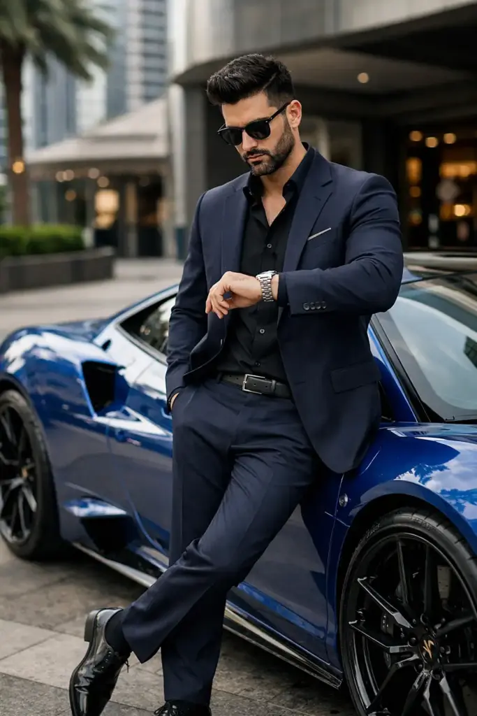 Create a luxury lifestyle portrait of a confident, well-dressed adult man leaning casually against a high-performance blue sports car parked in an upscale urban setting. The scene exudes wealth, precision, and modern masculinity. The man is positioned slightly angled toward the camera, with one leg crossed over the other and his body resting effortlessly against the car's side. He is captured mid-gesture while checking a sophisticated metal wristwatch, reinforcing themes of time, success, and control. His posture is relaxed yet authoritative, suggesting a composed individual who moves with purpose. He has neatly styled dark hair with clean volume and a sharp fade, paired with a well-groomed full beard. His expression is calm and focused. He wears dark, modern sunglasses that add mystery and refinement. His outfit is impeccably tailored: a deep navy-blue suit with a structured blazer and slim-fit trousers, worn over a black dress shirt left subtly open at the collar—no tie—balancing formality with confidence. Polished black leather dress shoes complete the look.