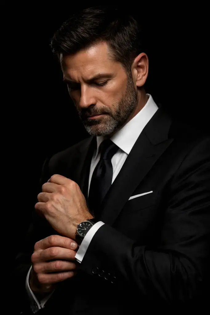 Create a dramatic studio portrait of a refined adult man dressed in a classic formal business suit, captured against a deep black background. The composition is tight and vertical, focused on the upper torso and face, emphasizing discipline, control, and quiet confidence. The man stands upright with a composed posture, head slightly bowed and eyes cast downward, as if adjusting his cuff or suit sleeve in a private, focused moment before an important event. His expression is calm, serious, and introspective, no smile, no theatrics, just controlled presence. He has neatly styled short dark hair with clean structure and a well-groomed beard that frames his face precisely. He wears a perfectly tailored black suit jacket over a crisp white dress shirt and a dark, solid-colored tie. The fit is sharp and immaculate, conveying professionalism and authority. One hand is raised to adjust his cuff or jacket sleeve, subtly revealing a refined wristwatch. Lighting is low-key and cinematic, with soft directional light falling from above and slightly to one side, sculpting the face, collar, and suit lapels while allowing the background to fall into deep shadow. Highlights are controlled and elegant, shadows are rich and intentional, creating strong contrast without losing detail.