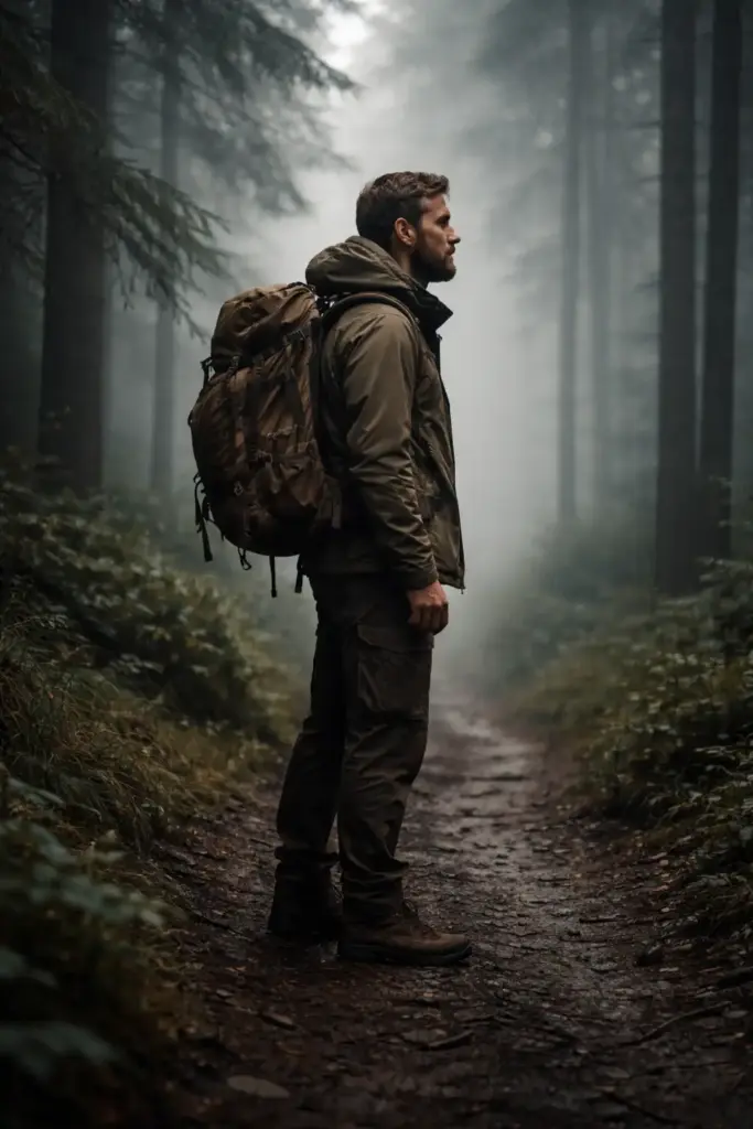Create a cinematic outdoor portrait of an adult man standing still on a narrow forest trail, surrounded by dense, mist-filled woodland. The scene is enveloped in soft fog, with tall trees fading gradually into the background, creating depth, mystery, and a sense of quiet isolation. The man is shown in side profile, standing upright and alert, gazing forward with calm focus and quiet determination, as if pausing mid-journey to assess the path ahead. His posture is steady and grounded, conveying preparedness, resilience, and introspection. His expression is composed and thoughtful. He wears practical, earth-toned outdoor clothing: a muted olive-green hooded jacket layered for cool weather, paired with dark brown or olive hiking trousers. Sturdy hiking boots anchor him firmly to the forest floor. A large, rugged backpack in warm tan or brown tones is strapped securely to his back, detailed with visible buckles, straps, and gear compartments.