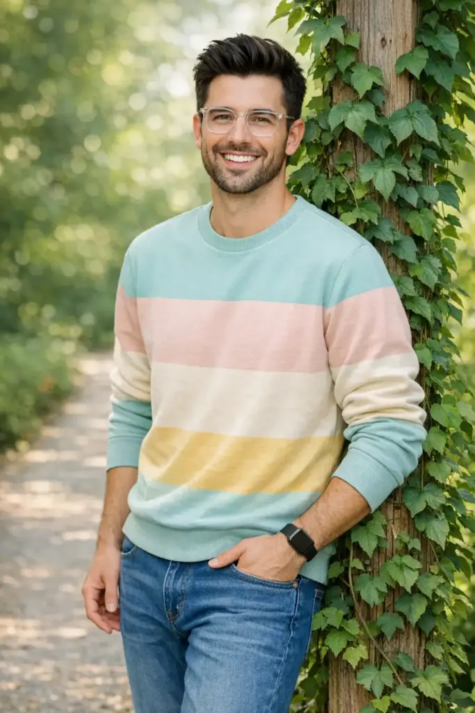 Create a cheerful outdoor lifestyle portrait of a young adult man standing casually beside a wooden post wrapped in lush green climbing vines. The scene feels fresh, approachable, and natural, set along a quiet garden path or park walkway with soft greenery fading into the background. The man is captured in a relaxed three-quarter pose, leaning lightly against the post, smiling warmly at the camera. His expression is genuine and inviting, conveying positivity, confidence, and approachability rather than posed formality. He has neatly styled dark hair with volume on top and clean sides, paired with a well-groomed short beard. He wears clear, modern rectangular eyeglasses that add a smart yet casual touch. His outfit is youthful and contemporary: a pastel-striped sweatshirt featuring soft mint green, blush pink, and light yellow horizontal bands, paired with classic blue denim jeans. One hand rests casually in his pocket, while the other hangs naturally by his side. A simple smartwatch or fitness band is visible on his wrist.