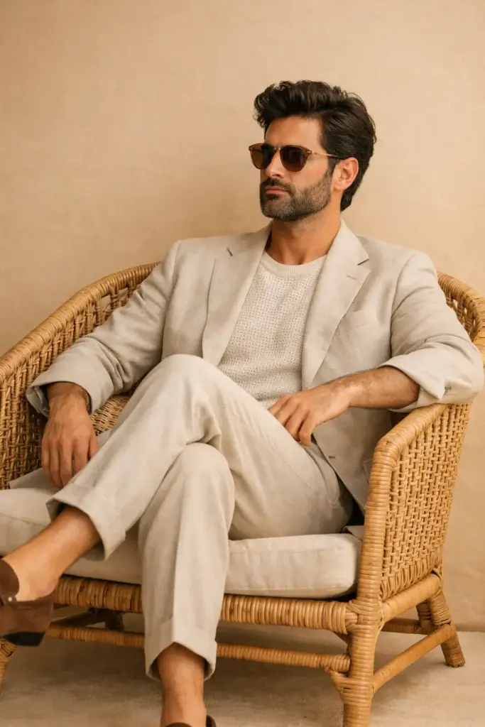 Create a refined lifestyle fashion portrait of an elegant adult man seated comfortably in a woven rattan lounge chair, set against a warm, minimalist beige backdrop. The scene evokes effortless luxury, leisure, and quiet confidence, like a high-end resort or premium fashion editorial. The man is captured in a relaxed, composed pose with one leg crossed over the other, leaning slightly back into the chair. His posture is calm and assured, projecting confidence without tension. He gazes off into the distance rather than at the camera, creating a thoughtful, aspirational mood. He has thick, voluminous dark hair styled naturally and a full, neatly groomed beard that enhances his strong facial features. He wears stylish, lightly tinted sunglasses that add polish and subtle mystery. His outfit is soft, neutral, and impeccably tailored: a light beige or stone-colored suit with relaxed structure, paired with a textured knit or lightweight shirt underneath in a complementary neutral tone. The trousers are slightly cropped, revealing bare ankles or no-show socks. He completes the look with brown suede loafers, reinforcing a refined yet relaxed aesthetic.