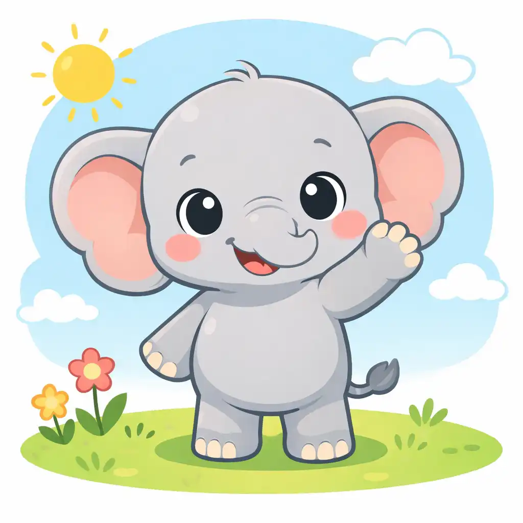 Create a cute children's cartoon illustration of a small baby elephant with big round eyes and a happy smile, standing on two legs and waving one hand, soft pastel colors, simple shapes, rounded lines, friendly facial expression, bright daylight, clean background, gentle shading, flat cartoon style suitable for ages 2–5, high clarity, cheerful mood.