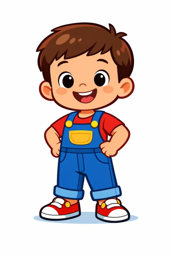 Create a children's cartoon character of a young boy with short hair and a big smile, wearing colorful overalls and sneakers, standing in a playful pose with hands on hips, simple facial features, oversized head, small body proportions, smooth outlines, vibrant colors, minimal details, friendly storybook cartoon style for ages 4–7.