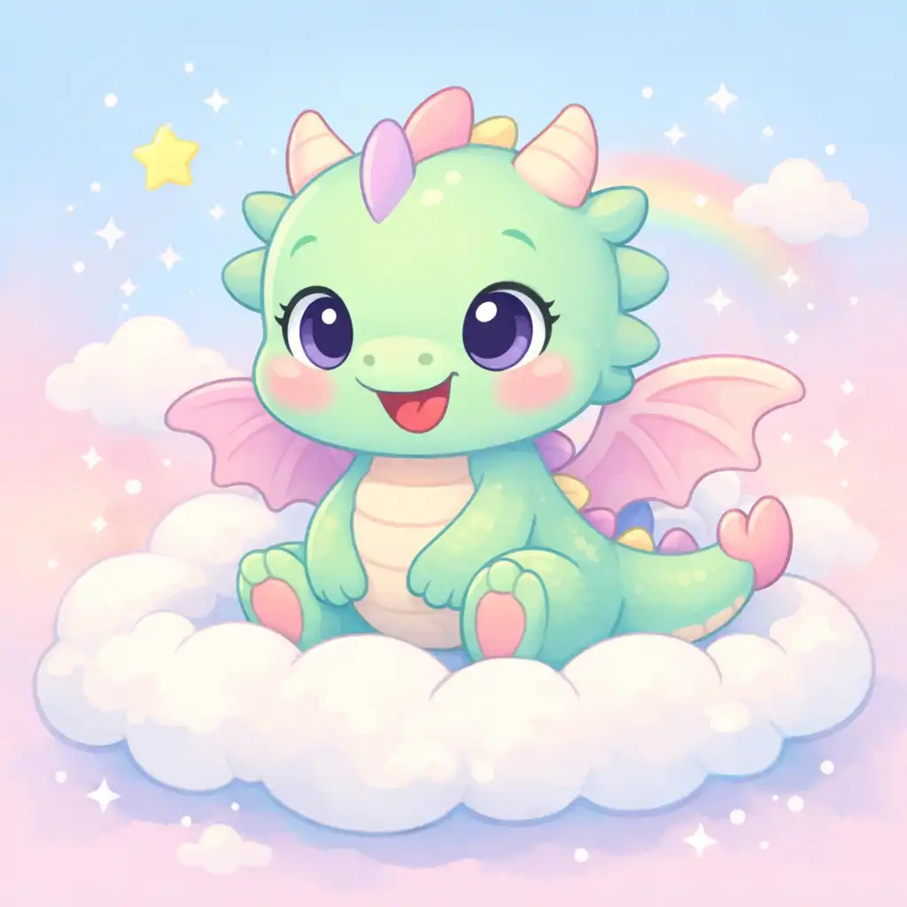 Create a children's cartoon illustration of a tiny dragon with soft wings and a rounded body, sitting on a cloud and smiling, non-scary appearance, big expressive eyes, pastel color palette, soft lighting, simple background, magical but friendly cartoon style suitable for young kids.