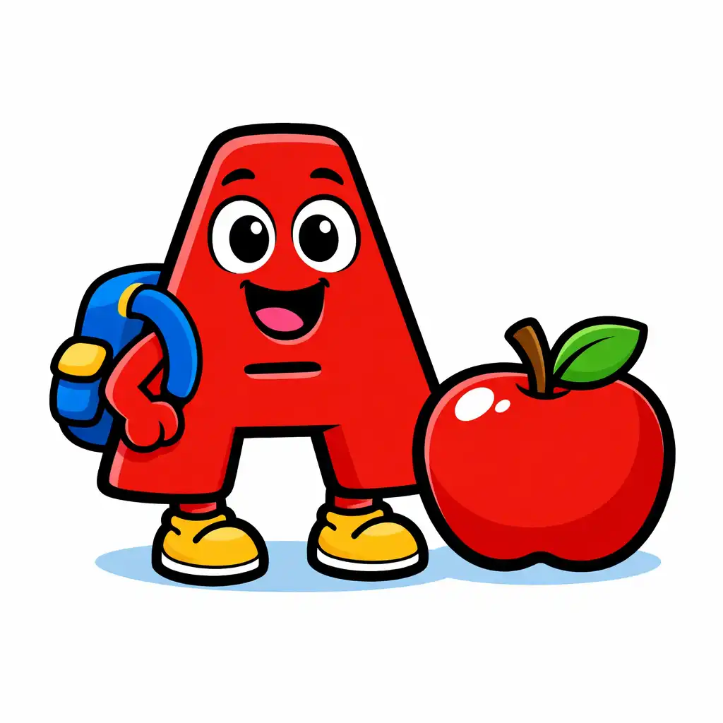 Create a children's cartoon illustration of a smiling letter "A" with eyes and a mouth, wearing a small backpack, standing next to a red apple, bold outlines, bright primary colors, flat vector cartoon style, simple shapes, clean background, designed for early learning.