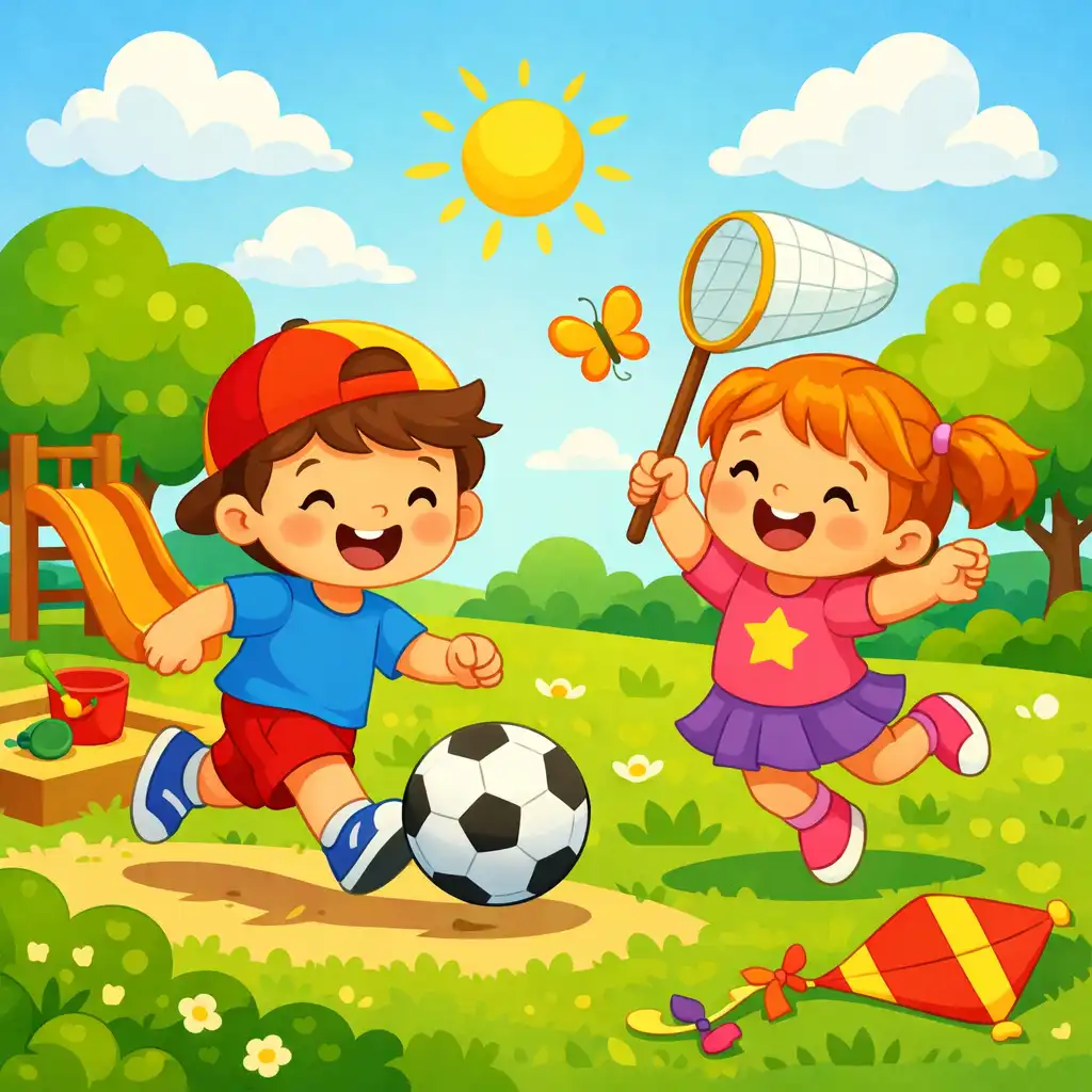 Create a children's cartoon scene showing two happy kids playing in a park, simple trees and clouds in the background, rounded character designs, joyful expressions, colorful clothes, soft shadows, playful composition, bright and friendly cartoon illustration style for children.